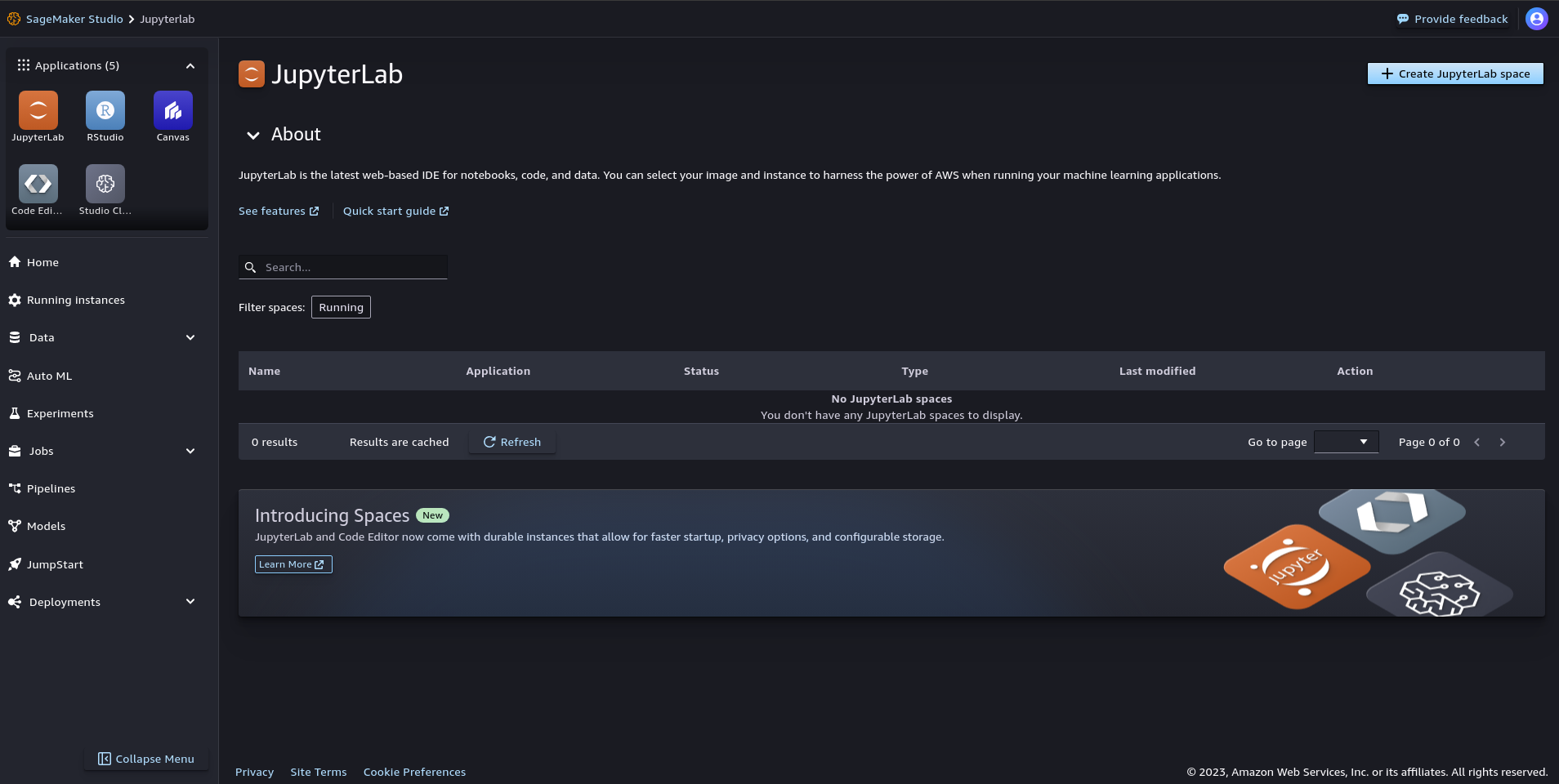 SageMaker JupyterLab spaces overview showing available computing environments for machine learning projects