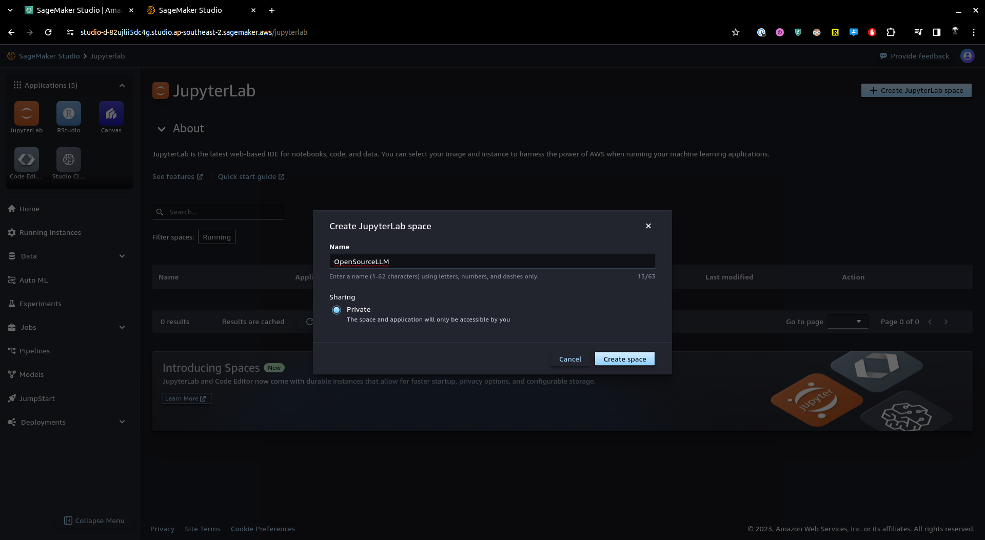 Create new JupyterLab space dialog for setting up OpenSource LLM development environment