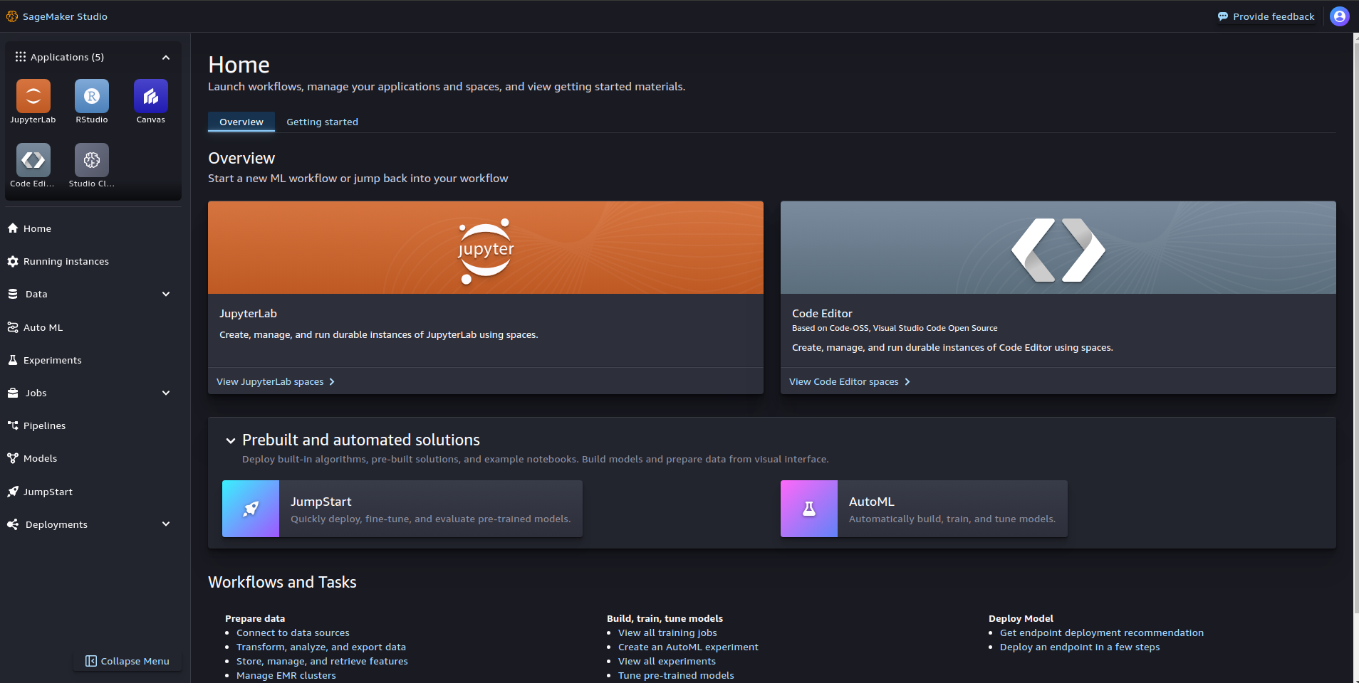 SageMaker Studio main interface displaying JupyterLab spaces and development environment options