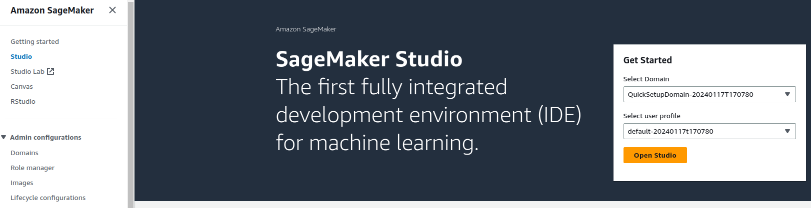 AWS SageMaker console dashboard showing Studio access button for launching machine learning environment