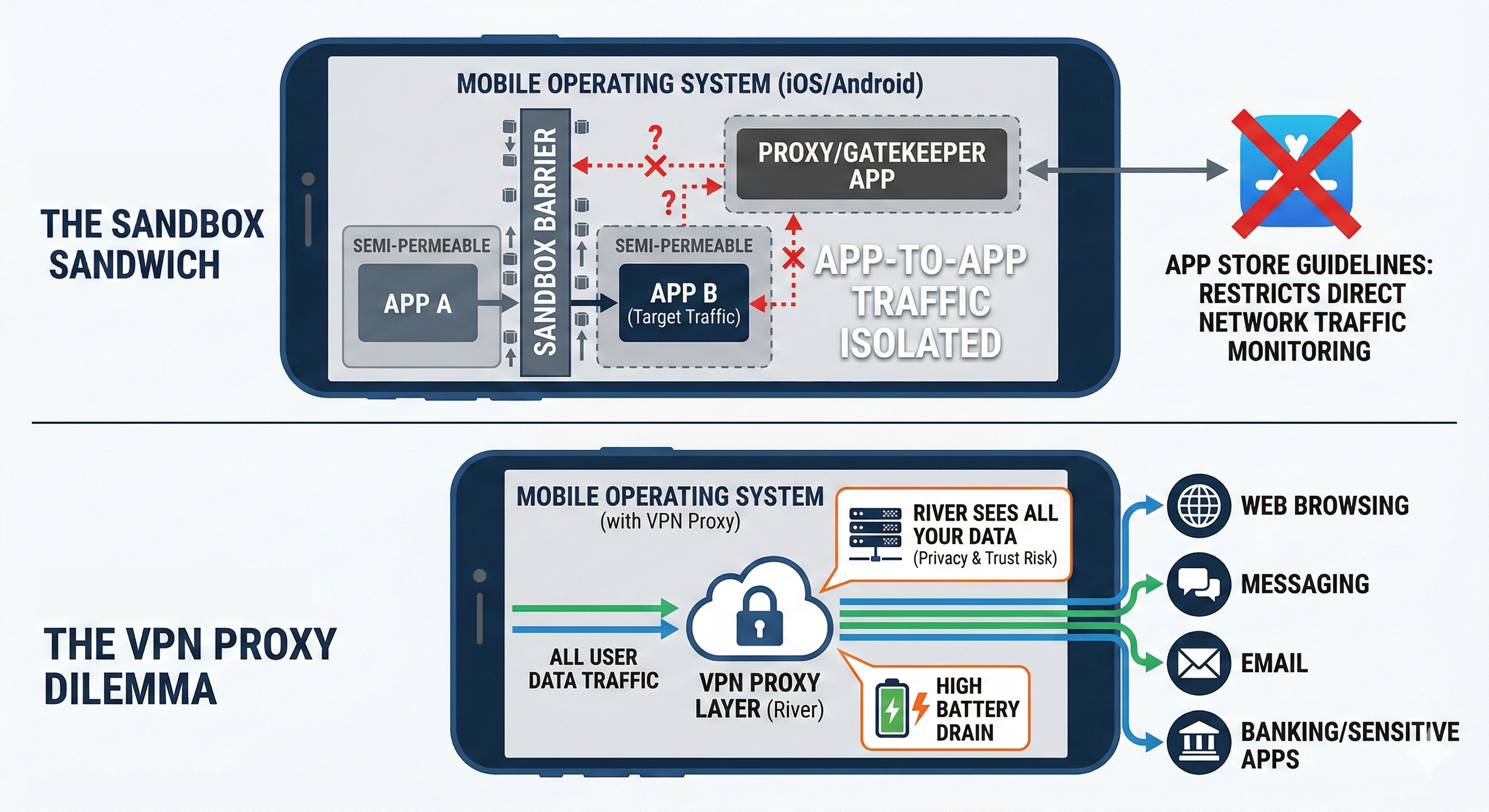 Mobile OS app sandboxing prevents apps from monitoring other apps network traffic