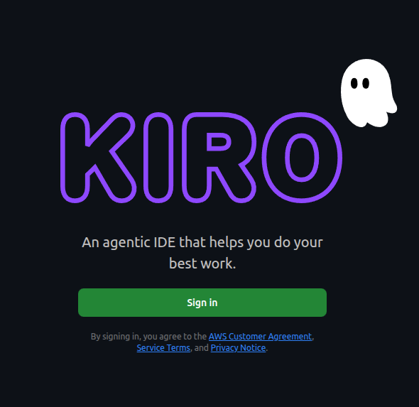 Kiro welcome screen with the KIRO wordmark, the tagline "An agentic IDE that helps you do your best work", and a green Sign in button