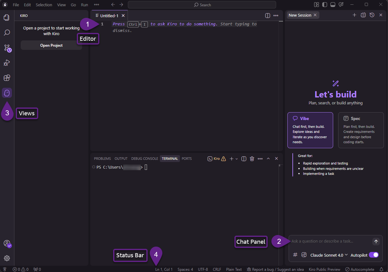 Kiro IDE interface showing the Editor in the centre, the Chat Panel on the right with an "Ask a question or describe a task" input, the Views sidebar on the left, and the Status Bar across the bottom