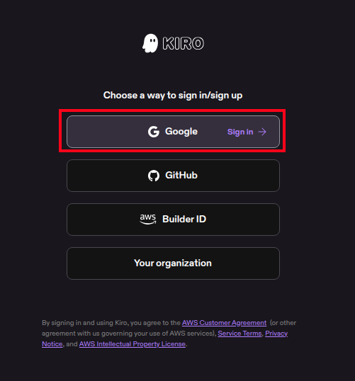 Kiro sign-in options page with Google highlighted, plus GitHub, Builder ID, and Your organization options