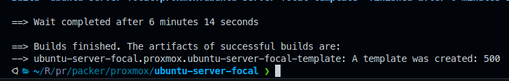 Packer build success output showing successful Proxmox VM template creation with cloud-init configuration
