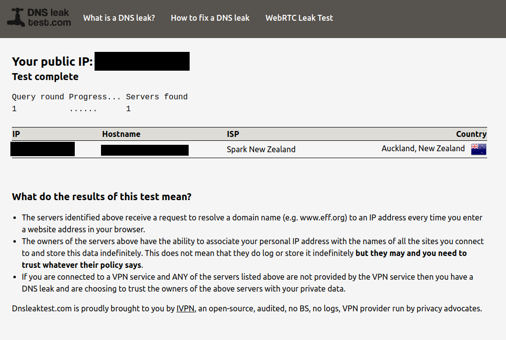DNS leak test results showing successful privacy configuration with no DNS leaks detected