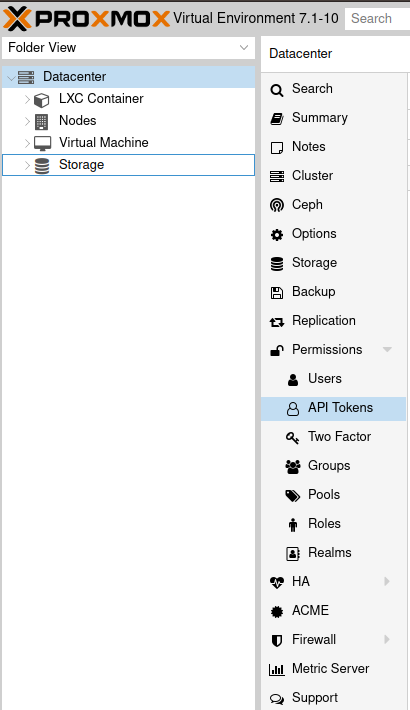 Proxmox datacenter permissions interface showing API token creation and user permission configuration