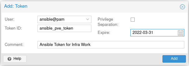 Proxmox API token creation dialog with user selection and privilege configuration options