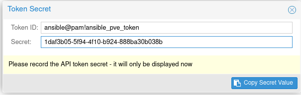 Proxmox generated API token secret display with security warning and copy functionality